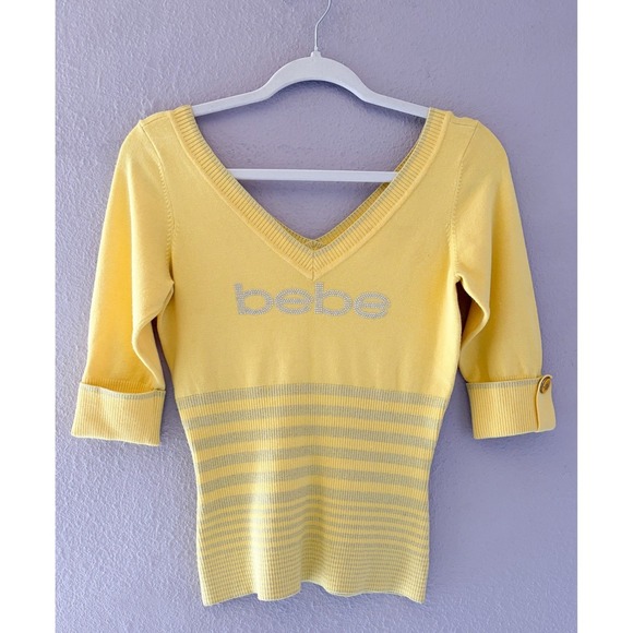bebe Tops - Bebe Y2K Yellow Rhinestone Logo V Neck Sweater Top Metallic Striped